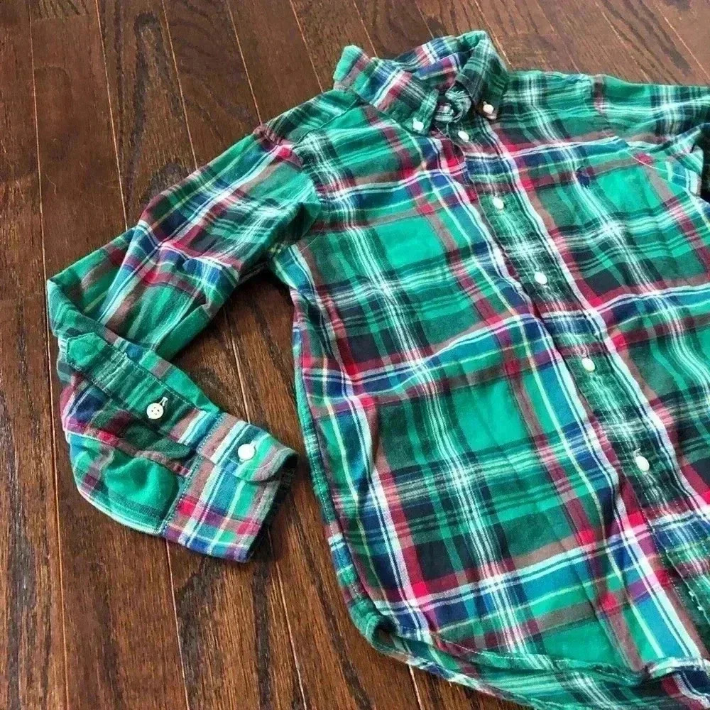 Ralph Lauren Boys 5 Green Plaid Oxford Cotton Button-Up Shirt - VGUC! - Picture 2 of 10